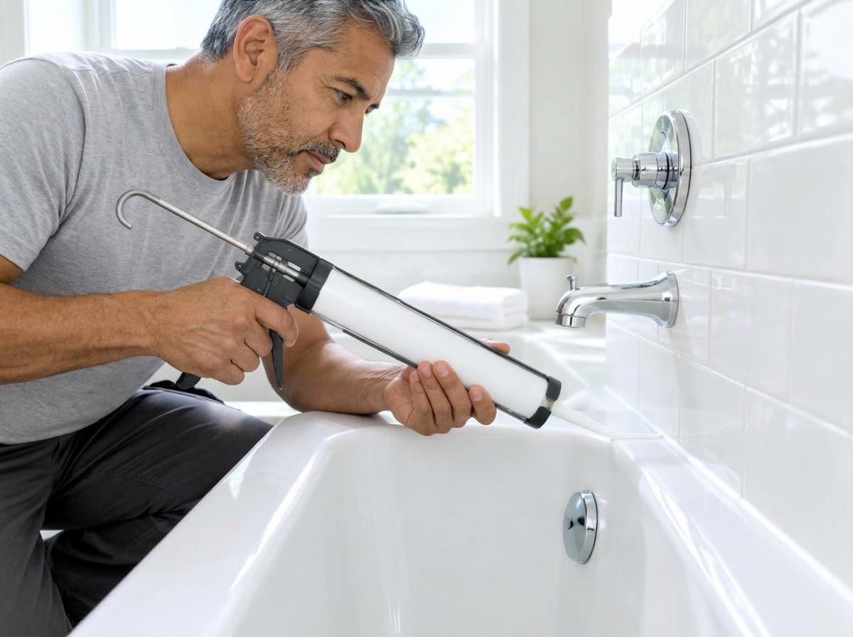 Technician re-caulking a bathtub